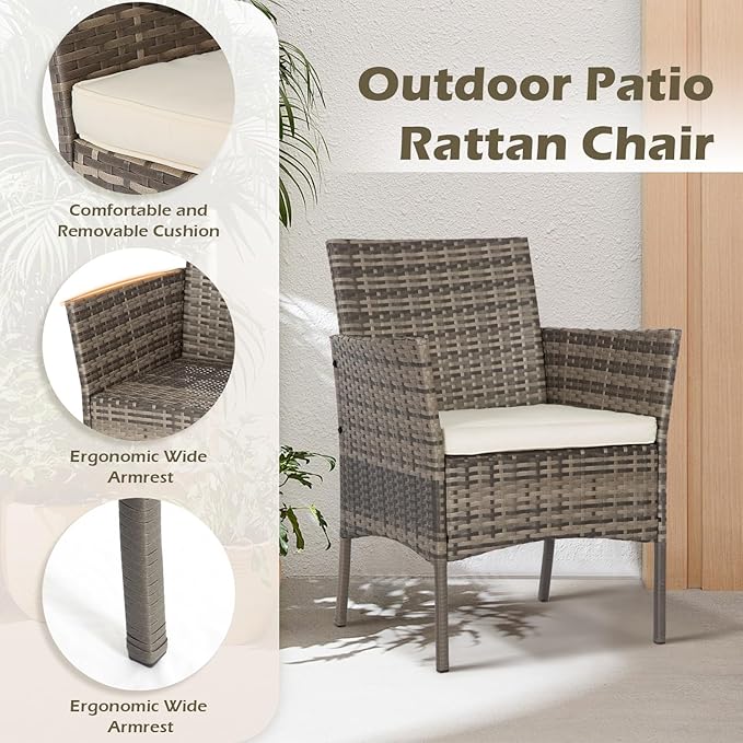 FDW 3 Piece Outdoor Furniture Set Patio Gray Wicker Chairs Furniture Bistro Conversation Set 2 Rattan Chairs with Khaki Cushions and Glass Coffee Table for Porch Lawn Garden Balcony Backyard