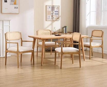 EALSON Rattan Dining Chairs with Arms Set of 4 Mid Century Dining Room Chairs with Wood Legs Linen Upholstered Kitchen Chairs Farmhouse Cane Back Arm Chair for Living Room, Beige, Light Natural