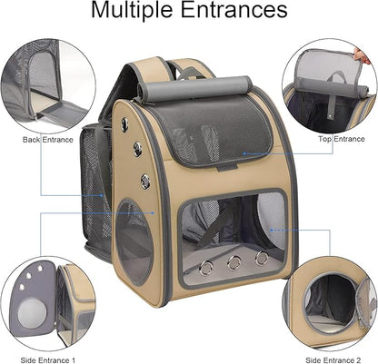 Expandable Pet Carrier Backpack for Cats, Dogs and Small Animals, Portable Pet Travel Carrier, Super Ventilated Design, Airline Approved, Ideal for Traveling/Hiking/Camping, Khaki