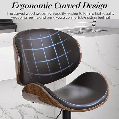Adjustable Swivel Bar Stools 1 PC, Modern Bentwood Barstool with Large Metal Base and Footrest, PU Leather Upholstered Bar Chair with Curved Back for Kitchen Island Dining Room, Brown