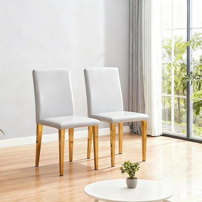 Modern Dining Chairs Set of 2, Light Gray PU Leather with Gold Metal Legs, High Back Kitchen Chairs, 35.4 Inch Height, Contemporary Minimalist Design