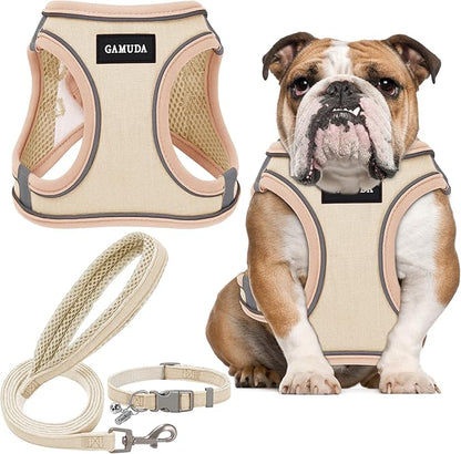 GAMUDA Small Pet Harness Collar and Leash Set, Step in No Chock No Pull Linen Fabric Soft Mesh Dog Vest Harnesses Reflective for Dogs Puppy Cats Kitten Rabbit (Khaki, XL)