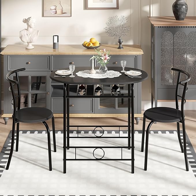 VECELO 3-Piece Dining Table Set for Kitchen Breakfast Nook, Wood Grain Oval Tabletop and Metal Frame with Built-in Wine Rack, for Small Spaces, Black