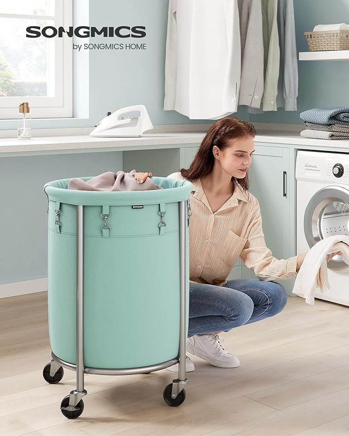 SONGMICS 29-Gallon (110 L) Laundry Basket with Wheels, Rolling Round Heavy-Duty Laundry Hamper Cart with Steel Frame and Removable Bag, 2 Locking Wheels, Mint Green and Metallic Silver URLS002C01