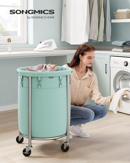 SONGMICS 29-Gallon (110 L) Laundry Basket with Wheels, Rolling Round Heavy-Duty Laundry Hamper Cart with Steel Frame and Removable Bag, 2 Locking Wheels, Mint Green and Metallic Silver URLS002C01