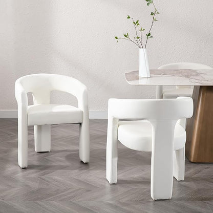 Modern Barrel Dining Chairs Set of 2, PU Leather Upholstered Accent Side Chair with Arms Comfy Makeup Vanity Chairs, Dining Living Room Kitchen Chairs, White