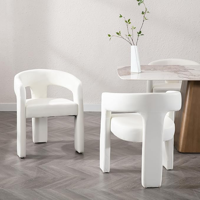 Modern Barrel Dining Chairs Set of 6, PU Leather Upholstered Accent Side Chair with Arms Comfy Makeup Vanity Chairs, Dining Living Room Kitchen Chairs, White