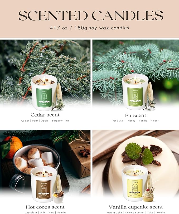 AOOVOO Christmas Candles Set for Women - 4 Pack Candles for Home Scented, Aromatherapy Candle with Crystals, 28 oz 200 Hour Long Lasting Candle, Winter Fragrance of Cedar, Fir, Hot Cocoa, Vanilla Cake