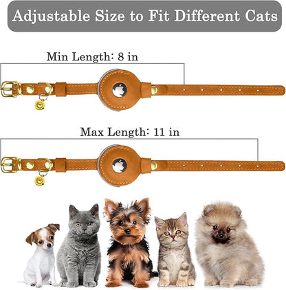 OOPSDOGGY Reflective Leather AirTag Cat Collar with Bell - Non Breakaway Adjustable Pet Collar with Apple Air Tag Holder - Lightweight GPS Kitten Collars for Small Dogs Puppy (Camel)