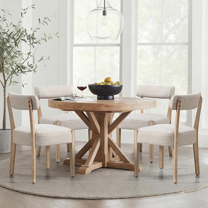 Dining Chairs Set of 4,Mid Century Modern Dining Chair Set - Linen Upholstered Low Back Kitchen & Dining Room Chairs with Woven Design,Oatmeal Fabric