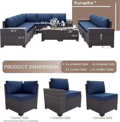 Kurapika 12 Pieces Patio Furniture Set, Rattan Wicker Outdoor Conversation Sets w/4 Inch Cushion and Glass Coffee Table(Navy Blue)