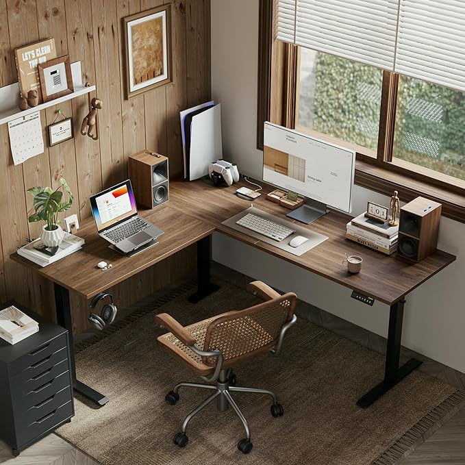 Agilestic L Shaped Standing Desk Adjustable Height, Electric Corner Standing Desk, 63 x 55 inch Sit Stand Computer Table with Splice Board, Dark Walnut
