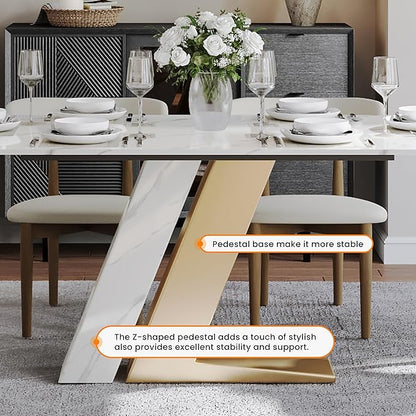 POVISON 71" Modern Dining Table for 6, Luxury Rectangle Dining Table Sintered Stone Dining Tabletop with Z-Shaped Stainless Steel Pedestal for Dining Room, Living Room (Table Only)