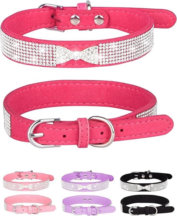Bling Dog Collar for Small Medium Large Dogs, Crown Rhinestone Dog Collars for Girl and boy Dog, Diamond Puppy Collars, Adjustable Leather Suede SOFE Cat Collar (M(13"-15.4"/33CM-39CM), Rose Red2)
