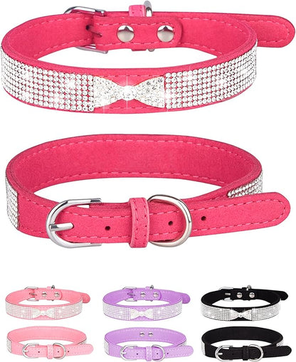 Bling Dog Collar for Small Medium Large Dogs, Crown Rhinestone Dog Collars for Girl and boy Dog, Diamond Puppy Collars, Adjustable Leather Suede SOFE Cat Collar (M(13"-15.4"/33CM-39CM), Rose Red2)
