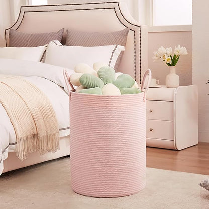 80L Extra Large Pink Hamper Laundry Basket for Baby Girls Tall Nursery Hamper for Kids Woven Rope Clothes Basket for Little Girls Room Bedroom Light Pink Kawaii Tall Laundry Bin