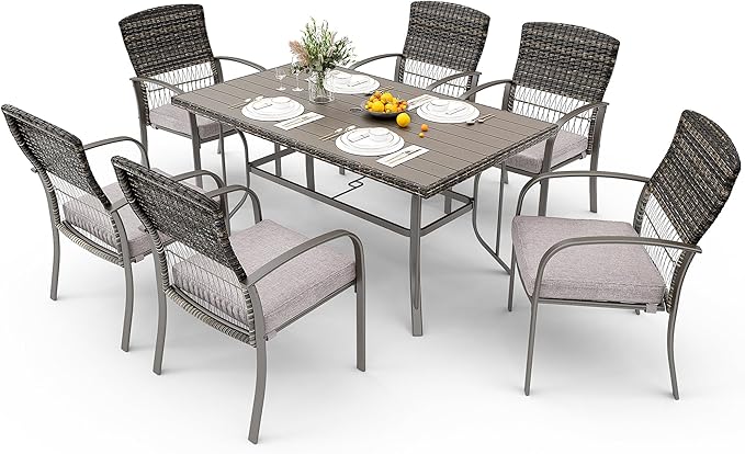 Pamapic 7-Piece Outdoor Dining Set, Grey Wicker Patio Furniture with Removable Cushions & Iron Slat Table, All-Weather Garden/Deck/Backyard Furniture Set (Grey)