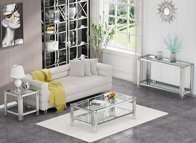 Goujxcy Modern Glass Coffee Table 47" Silver Center Table with Tempered Glass Top and Mirror Finish Stainless Steel Legs, Luxury Rectangular Coffee Table for Living Room Apartment (Silver)