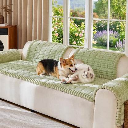 FUANGUI Waterproof Armrest Couch Cover for Dogs,27.6" x 27.15", Grass Green | Non-Slip Washable Fuzzy Soft Cat Sofa Slipcover for 2-3 Cushion Couch Sofa Pet Friendly, Grass Green, 27.6" x 59.1", 1 pcs