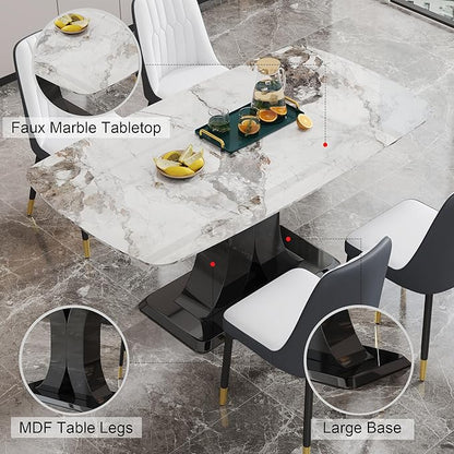 Modern Dining Table Set for 6, Marble Kitchen Table Chair Set for 6, Rectangular Kitchen Table with 6 Pu Leather Upholstered Chair for Dining Room