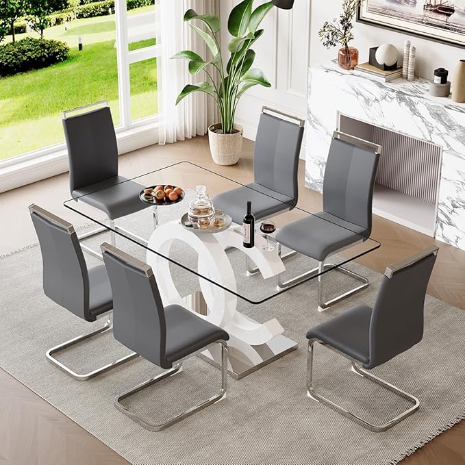 63'' Glass Dining Table Set for 6, Kitchen Table Chairs Set of 6, Clear Glass Dining Table with White unique design Leg and Silver Metal Base, 6 PU Dining Chairs with Metal Legs, Living Room, Kitchen.