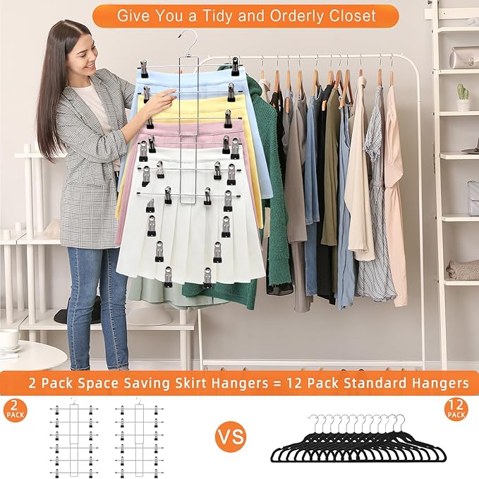 Closet Organizers and Storage, 6 Tier Storage and Organization Pants Hangers Space Saving, Metal Skirt Hangers with Adjustable Clip, 360° Swivel Hook, Dorm Room Essentials for College Students Girls
