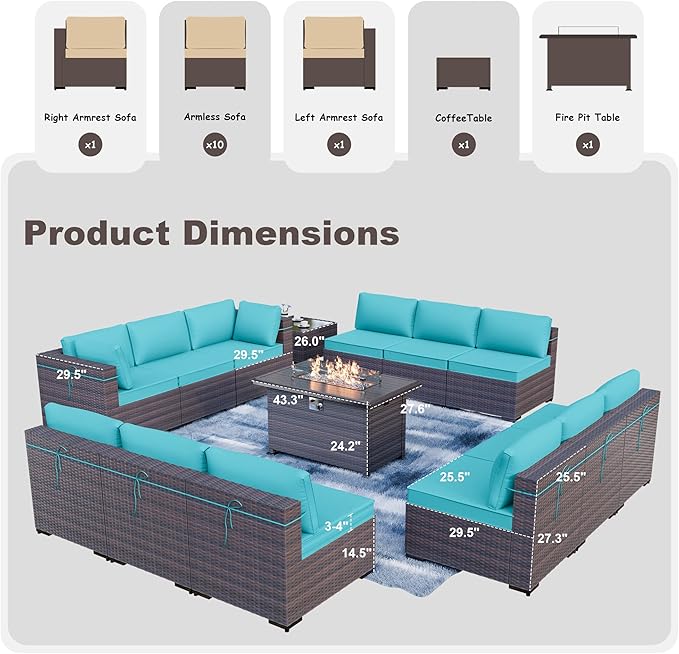 Kurapika 14 Pieces Patio Furniture Set, Rattan Wicker Outdoor Conversation Sets w/43in Propane Fire Pit Table and 4 Inch Cushion(Blue)