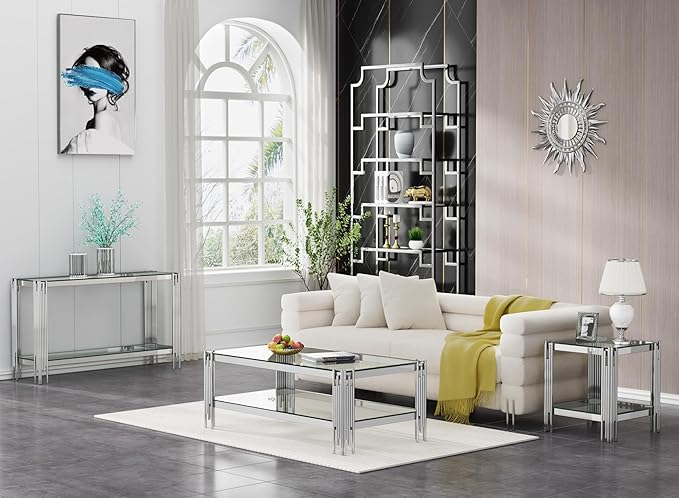 Goujxcy Modern Glass End Table Silver Sofa Side Table with Clear Glass Top and Mirror Stainless Steel Legs, Luxury Square Coffee Tea Table Bedside Tables for Living Room Bedroom, Silver
