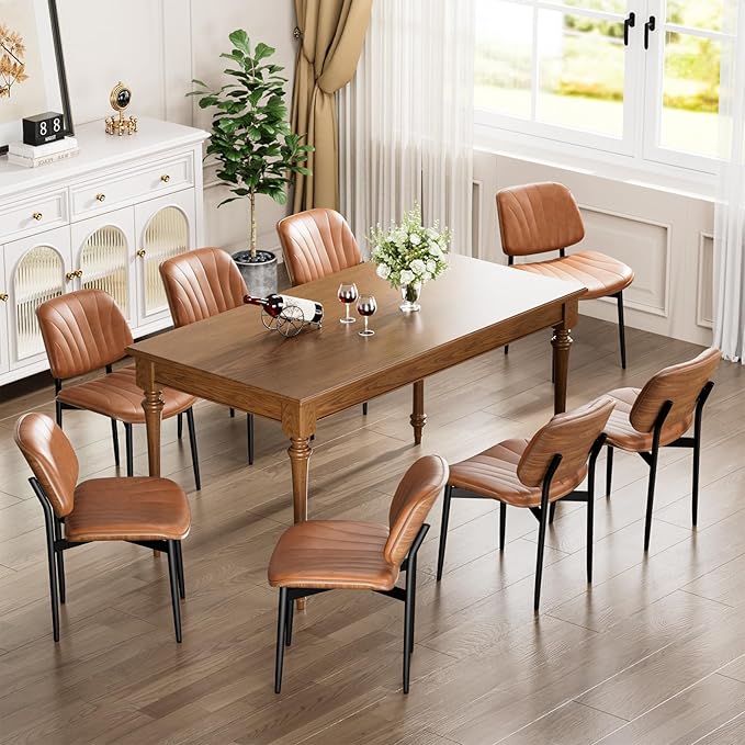 Dining Chairs Set of 6, Dining Room and Kitchen Chairs, Mid Century Modern Accent Chair, Upholstered PU Leather Chairs for Vanity with Walnut Bentwood and Metal Legs, Light Tan