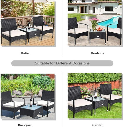 COSTWAY 3 PCS Patio Wicker Conversation Set, PE Rattan Sofa with Tempered Glass Coffee Table, 2 Chairs, 2 Cushions, Outdoor Patio Furniture Set for Yard Porch Bistro Balcony Backyard Pool, White
