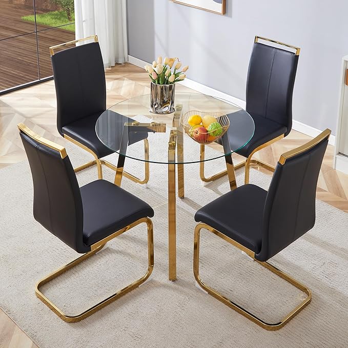 36" Round Glass Dining Table Set for 4 With Stainless Steel Leg, Small Kitchen Table With Cushion Chairs, 5 Piece Space Saving Set