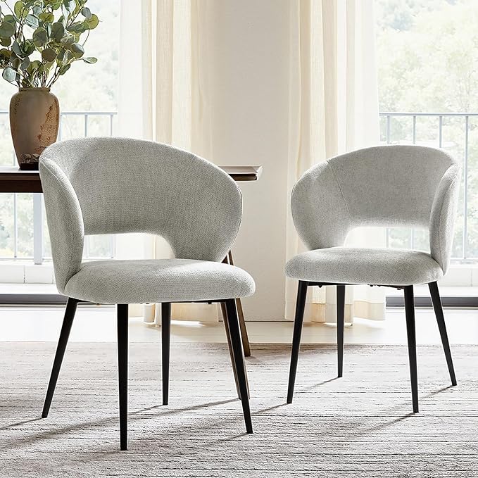 Contemporary Dining Chairs with Armrests – Ergonomic Soft-Padded Seat, Curved Backrest, Matte Black Metal Legs, Comfortable Kitchen & Dining Room Chairs, Set of 2