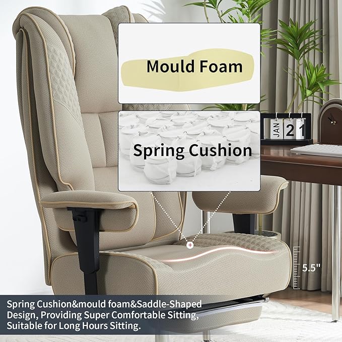 Big and Tall Office Chair 400lbs Wide Seat, Leather High Back Executive Office Chair with Lumbar Support, Ergonomic Chairs Padded Armrests & Thick Cushion (Mesh Beige)