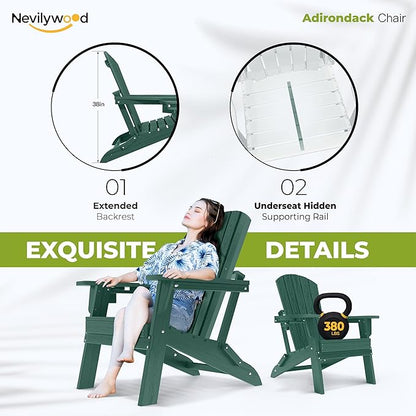 nevilywood Folding Adirondack Chair - Extended Ergonomic Backrest, Cup Holder - Easy Assembly - Durable HDPE Plastic, Weather Resistant & Maintenance-Free - Lawn, Patio, Deck Supports 380lbs,Green
