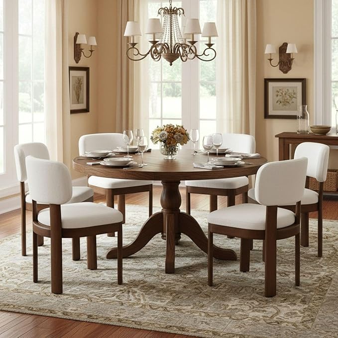 Beige Dining Chairs Set of 4 Mid Century Modern Upholstered Dining Room Chairs with Curved Backrest and Wooden Legs for Kitchen Island, Dining Room