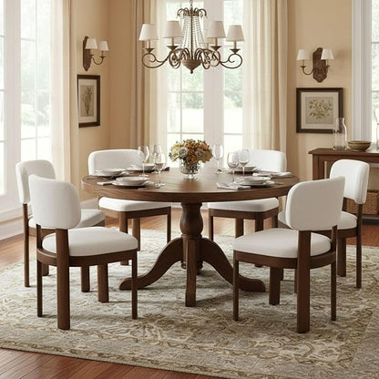 Beige Dining Chairs Set of 6 Mid Century Modern Upholstered Dining Room Chairs with Curved Backrest and Wooden Legs for Kitchen Island, Dining Room
