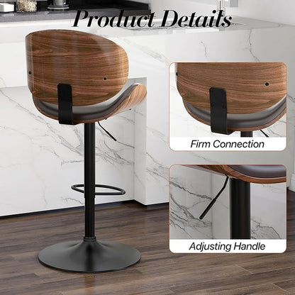 Adjustable Swivel Bar Stools Set of 4, Modern Bentwood Barstool with Large Metal Base and Footrest, PU Leather Upholstered Bar Chair with Curved Back for Kitchen Island Dining Room, Brown