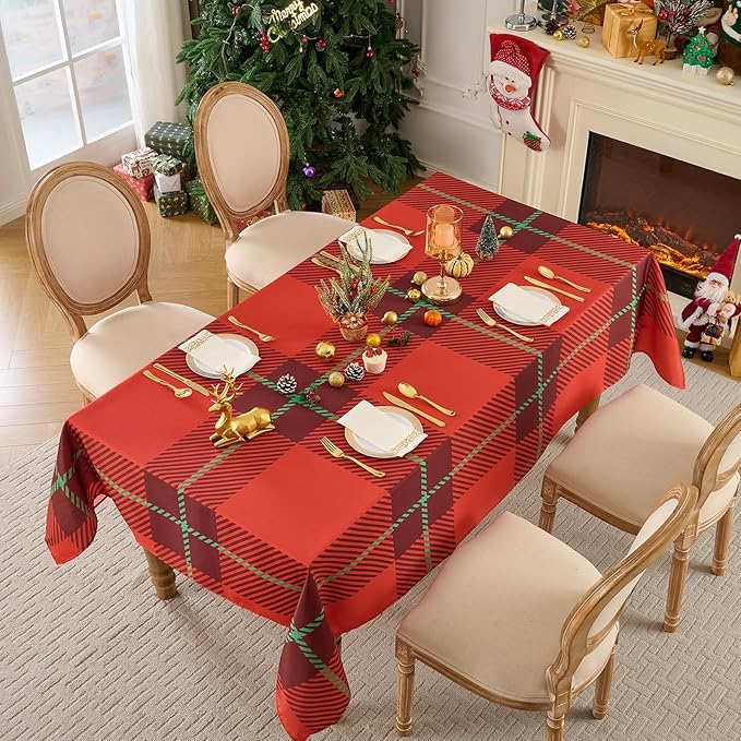 Christmas Tablecloth Rectangular 60x102 Inch Waterproof Table Cloth for 6ft, Washable Polyester Table Cover for Xmas Party, Winter Holiday Home Decoration in Festive Checkered Red 1pack