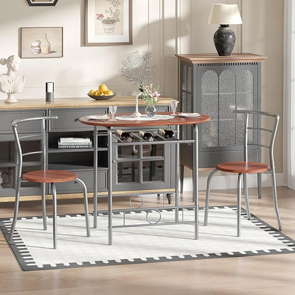 VECELO 3-Piece Dining Table Set for Kitchen Breakfast Nook, Wood Grain Oval Tabletop and Metal Frame with Built-in Wine Rack, for Small Spaces, Brown & Silver