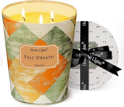 HomeLights Large jar Candle | 3-Wick Long-Lasting Scented Candles, 34oz Natural Soy Wax Candle for Home Scented, Rustic Modern Gifts for Women & Men, Fall Wreath