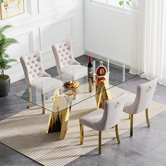Goujxcy 70" Glass Dining Table Set for 4, Modern Gold Dining Table Set with 4 Beige Velvet Upholstered Dining Chairs, 5 Piece Kitchen Dining Room Table Set with Stainless Steel Legs