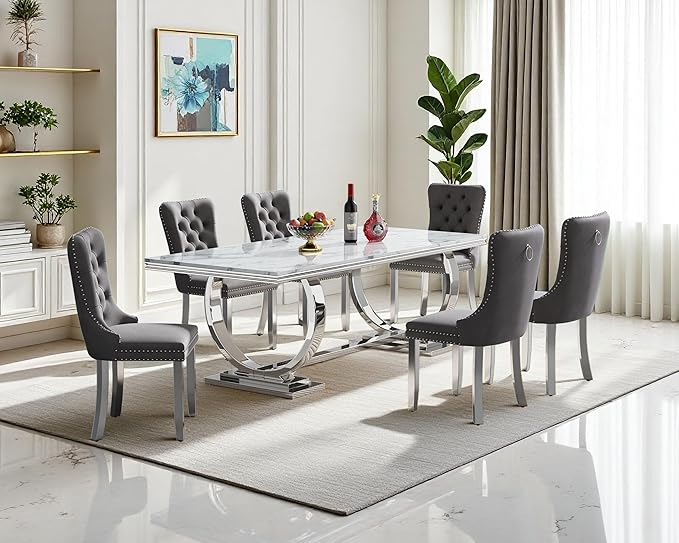 Goujxcy 68" Faux Marble Dining Table Set for 6, 7-Piece Dining Set with White Silver Kitchen Table and 6 Velvet Tufted Chairs, Modern Marble Dining Room Table with O-Shape Stainless Steel Base