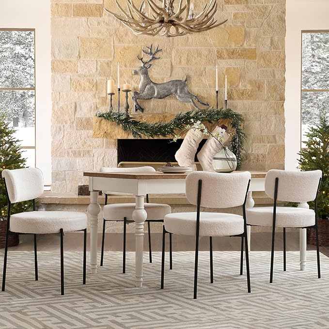 White Boucle Dining Chairs Set of 8, Upholstered Dinner Chair with Metal Frame, Dining Room Chairs with Padded Seat, Round Modern Seating for Living Room