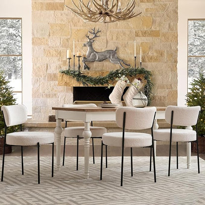 White Boucle Dining Chairs Set of 6, Upholstered Dinner Chair with Metal Frame, Dining Room Chairs with Padded Seat, Round Modern Seating for Living Room