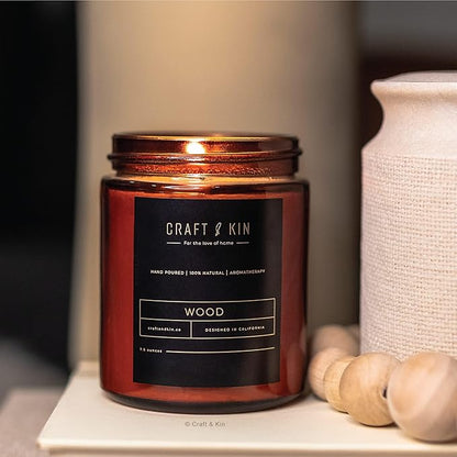 Craft & Kin Christmas Scented Candles for Men | Premium Wood Candle | All-Natural Scent for Home | Long Lasting Holiday Candles with 45 Hour Burn Time, 8oz