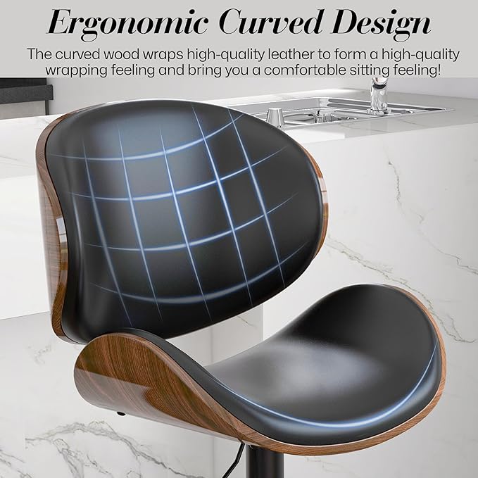 Adjustable Swivel Bar Stools 1 PC, Modern Bentwood Barstool with Large Metal Base and Footrest, PU Leather Upholstered Bar Chair with Curved Back for Kitchen Island Dining Room, Black