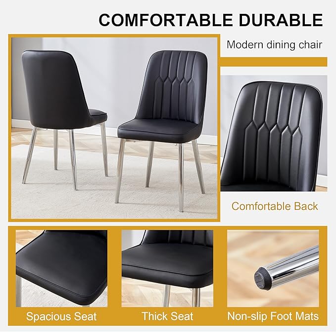 Dining Chairs Set of 4，Modern Dining Chairs, Equipped with PU Leather Backrest Cushions and Metal Legs, Suitable for Restaurants, Kitchens, and Dining Room Chairs