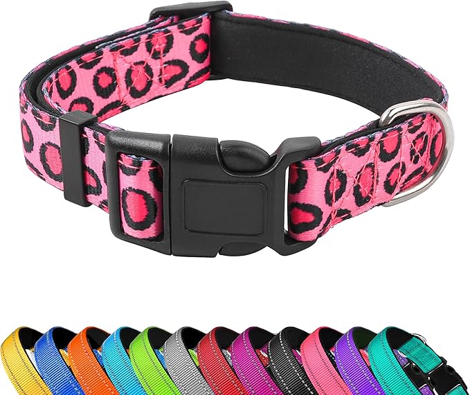 Reflective Dog Collar, Adjustable Soft Neoprene Padded Nylon Pet Collars with Buckle for Puppy and Small Dogs, Cats, Leopard Pink,S