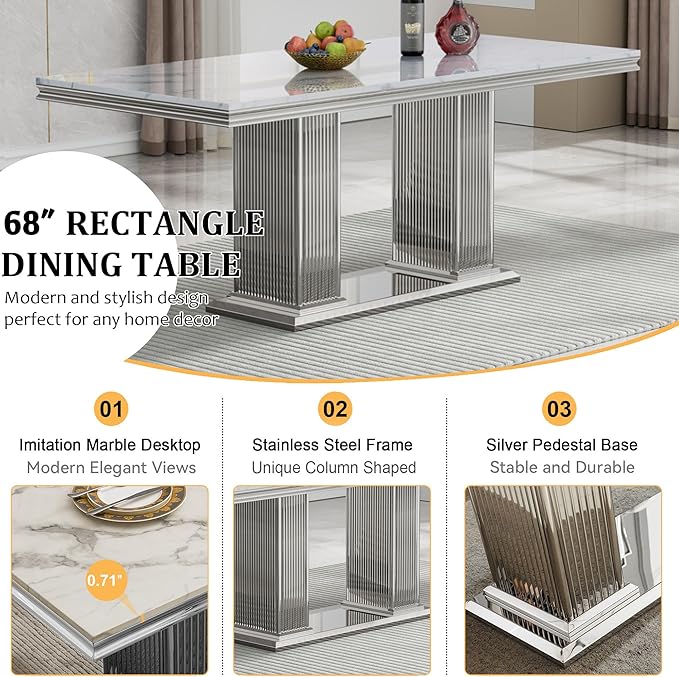 68" Faux Marble Dining Table Set for 6, 7-Piece Dining Set with White Silver Kitchen Table and 6 Velvet Tufted Chairs, Modern Rectangular Dining Room Tables with Column-Shape Stainless Steel Base
