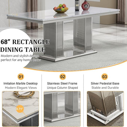 68" Faux Marble Dining Table Set for 6, 7-Piece Dining Set with White Silver Kitchen Table and 6 Velvet Tufted Chairs, Modern Rectangular Dining Room Tables with Column-Shape Stainless Steel Base